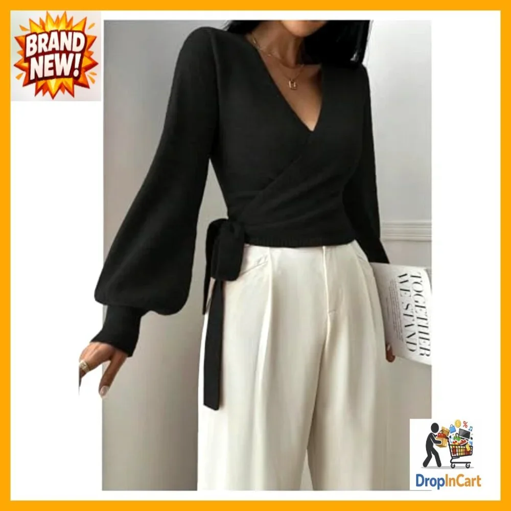 Long Sleeve V-Neck Wrap Belted Sweater Elegant Office Knit Crop Top_5